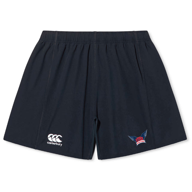 The EMB Canterbury University of Southern Indiana Women Yokohama Shorts are navy blue with an elastic waistband, a white Canterbury logo on the left leg, and a multicolored winged crown logo on the right. Lightweight and designed for peak performance.