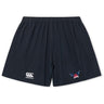 The EMB Canterbury University of Southern Indiana Women Yokohama Shorts are navy blue with an elastic waistband, a white Canterbury logo on the left leg, and a multicolored winged crown logo on the right. Lightweight and designed for peak performance.