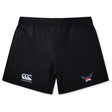 The EMB Canterbury University of Southern Indiana Women's Yokohama Short is a black rugby short for women, featuring the brand logo on the left leg and a winged "USA" emblem on the right—ideal for rugby or everyday wear.