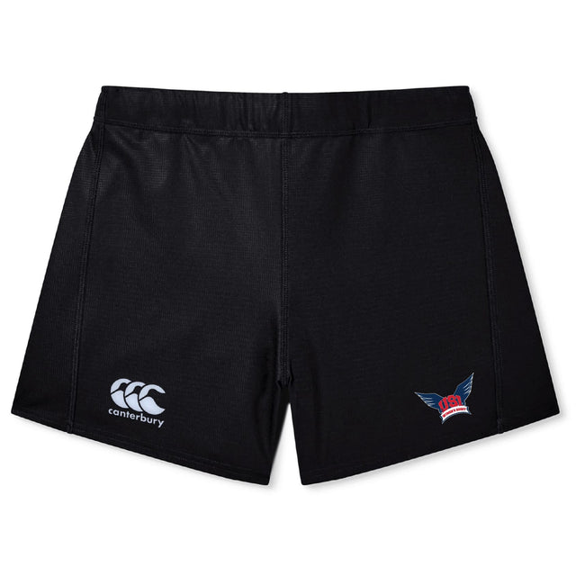 The EMB Canterbury University of Southern Indiana Women's Yokohama Short is a black rugby short for women, featuring the brand logo on the left leg and a winged "USA" emblem on the right—ideal for rugby or everyday wear.