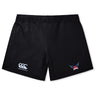 The EMB Canterbury University of Southern Indiana Women's Yokohama Short is a black rugby short for women, featuring the brand logo on the left leg and a winged "USA" emblem on the right—ideal for rugby or everyday wear.