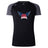 The University of Southern Indiana Women Women's Elite Training Tee by WRS Canterbury features a black and dark gray design with a "USI Women's Rugby" logo, offering lightweight, moisture-wicking comfort for your workouts.