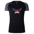 The University of Southern Indiana Women Women's Elite Training Tee by WRS Canterbury features a black and dark gray design with a "USI Women's Rugby" logo, offering lightweight, moisture-wicking comfort for your workouts.