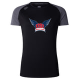 The University of Southern Indiana Women Women's Elite Training Tee by WRS Canterbury features a black and dark gray design with a "USI Women's Rugby" logo, offering lightweight, moisture-wicking comfort for your workouts.