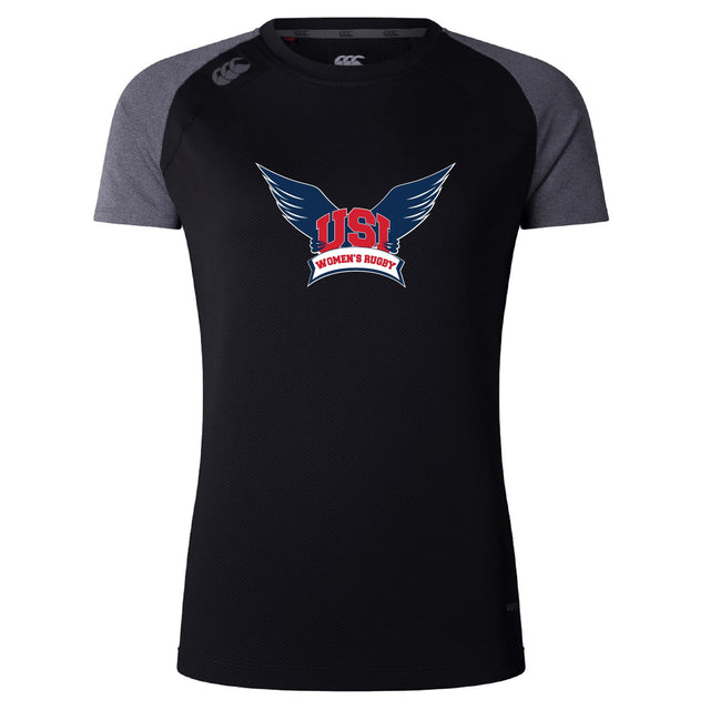 The University of Southern Indiana Women Women's Elite Training Tee by WRS Canterbury features a black and dark gray design with a "USI Women's Rugby" logo, offering lightweight, moisture-wicking comfort for your workouts.