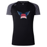 The University of Southern Indiana Women Women's Elite Training Tee by WRS Canterbury features a black and dark gray design with a "USI Women's Rugby" logo, offering lightweight, moisture-wicking comfort for your workouts.