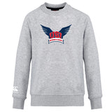 The University of Southern Indiana Women Club Crew Sweatshirt by WRS Canterbury is a gray, ultra-soft top with a "USI Women's Rugby" front logo in red and dark blue wings, plus an embroidered CCC logo on the left sleeve.