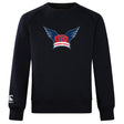 The WRS Canterbury University of Southern Indiana Women Club Crew Sweatshirt in black features "USI Women's Rugby" and winged logo on the chest, plus an embroidered CCC logo on the left sleeve.