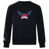 The WRS Canterbury University of Southern Indiana Women Club Crew Sweatshirt in black features "USI Women's Rugby" and winged logo on the chest, plus an embroidered CCC logo on the left sleeve.