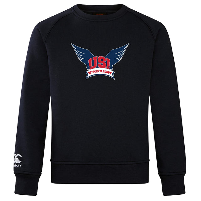 The WRS Canterbury University of Southern Indiana Women Club Crew Sweatshirt in black features "USI Women's Rugby" and winged logo on the chest, plus an embroidered CCC logo on the left sleeve.