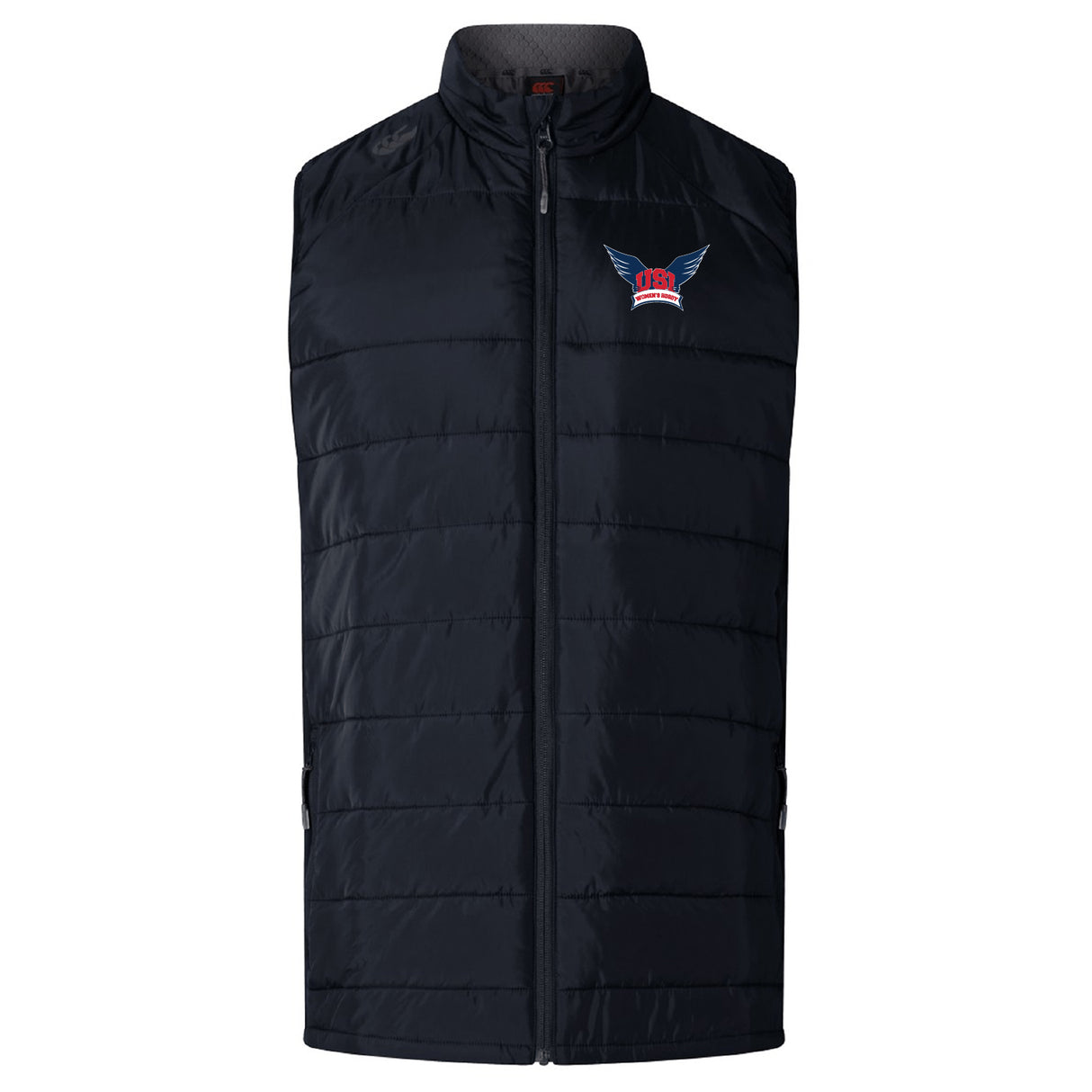 The University of Southern Indiana Women Elite Microlite Gilet by EMB Canterbury is a black quilted insulated sports vest featuring a front zipper and a small embroidered winged logo on the left chest.