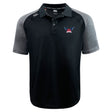 The University of Southern Indiana Women Elite Polo by EMB Canterbury is a black and gray short-sleeve shirt, made with Vapodri fabric, featuring small left chest embroidery and a brand logo on the right shoulder for lightweight comfort.