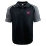 The University of Southern Indiana Women Elite Polo by EMB Canterbury is a black and gray short-sleeve shirt, made with Vapodri fabric, featuring small left chest embroidery and a brand logo on the right shoulder for lightweight comfort.