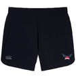 The University of Southern Indiana Women Elite Woven Short by EMB Canterbury features a small CCC logo on the left leg, a red, blue, and white winged emblem on the right, and zippered pockets for secure workout storage.