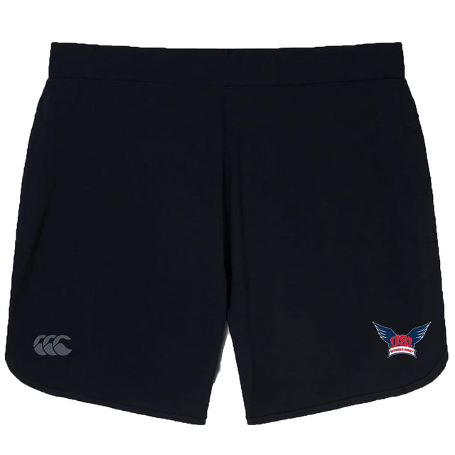 The University of Southern Indiana Women Elite Woven Short by EMB Canterbury features a small CCC logo on the left leg, a red, blue, and white winged emblem on the right, and zippered pockets for secure workout storage.