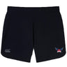 The University of Southern Indiana Women Elite Woven Short by EMB Canterbury features a small CCC logo on the left leg, a red, blue, and white winged emblem on the right, and zippered pockets for secure workout storage.