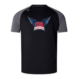 Black and gray University of Southern Indiana Women Elite Training Tee by WRS Canterbury with 'USA Women's Rugby' winged logo on chest. Made from Vapodri fabric, this lightweight durable tee keeps you cool during tough workouts.