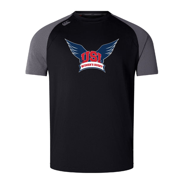 Black and gray University of Southern Indiana Women Elite Training Tee by WRS Canterbury with 'USA Women's Rugby' winged logo on chest. Made from Vapodri fabric, this lightweight durable tee keeps you cool during tough workouts.