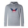 The University of Southern Indiana Women Club Lightweight Hoodie by Canterbury features a "USI Women's Rugby" logo with blue wings and red lettering, a comfy kangaroo pocket, and comes in light gray. Brand: WRS Canterbury.