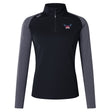 The EMB Canterbury University of Southern Indiana Women's Elite First Layer is a black and gray long-sleeve quarter-zip athletic top with VapoDri moisture-wicking tech and a red, white, and blue winged logo on the left chest.