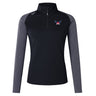 The EMB Canterbury University of Southern Indiana Women's Elite First Layer is a black and gray long-sleeve quarter-zip athletic top with VapoDri moisture-wicking tech and a red, white, and blue winged logo on the left chest.