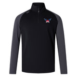 The University of Southern Indiana Women Elite First Layer by EMB Canterbury is a black and dark gray long-sleeve rugby training top with quarter-zip, VapoDri tech, winged crown chest logo, and small right shoulder logo.