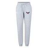 The University of Southern Indiana Women’s Leisure Sweatpant by EMB Canterbury features light gray organic cotton, a drawstring waist, cuffed ankles, and a red, white, and blue winged emblem on the left hip for all-day comfort.