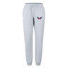 The University of Southern Indiana Women’s Leisure Sweatpant by EMB Canterbury features light gray organic cotton, a drawstring waist, cuffed ankles, and a red, white, and blue winged emblem on the left hip for all-day comfort.