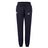 The EMB Canterbury University of Southern Indiana Women's Leisure Sweatpant features a navy blue organic cotton design, drawstring waist, white logo on the right thigh, and a colorful winged emblem on the left thigh for all-day comfort.