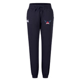 The EMB Canterbury University of Southern Indiana Women's Leisure Sweatpant features a navy blue organic cotton design, drawstring waist, white logo on the right thigh, and a colorful winged emblem on the left thigh for all-day comfort.