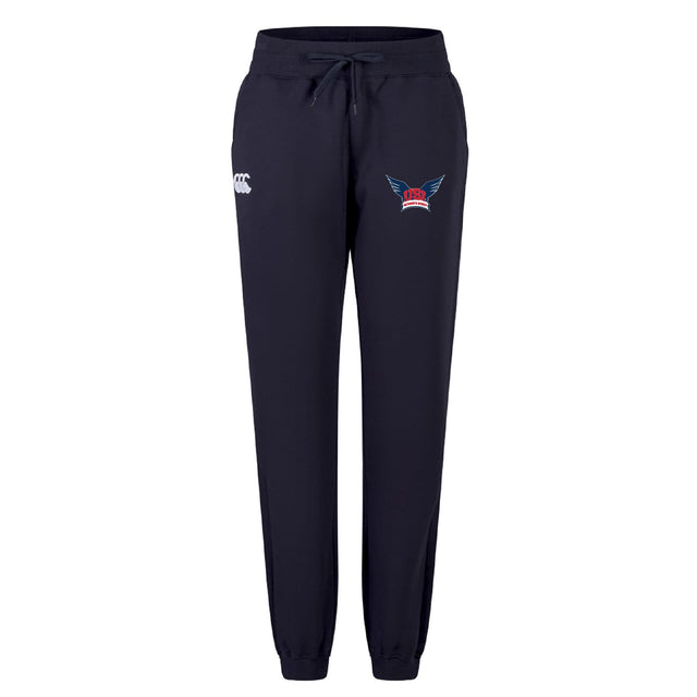 The EMB Canterbury University of Southern Indiana Women's Leisure Sweatpant features a navy blue organic cotton design, drawstring waist, white logo on the right thigh, and a colorful winged emblem on the left thigh for all-day comfort.