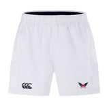 The EMB Canterbury University of Southern Indiana Women Advantage Short 2.0 features an elastic waistband, a black Canterbury logo on the left leg, and a winged emblem with a red crown on the right leg.