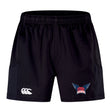 The University of Southern Indiana Women Advantage Short 2.0 by EMB Canterbury features an elastic waistband, white Canterbury logo on the left leg, and a USI logo on the right—ideal sustainable shorts for performance training.