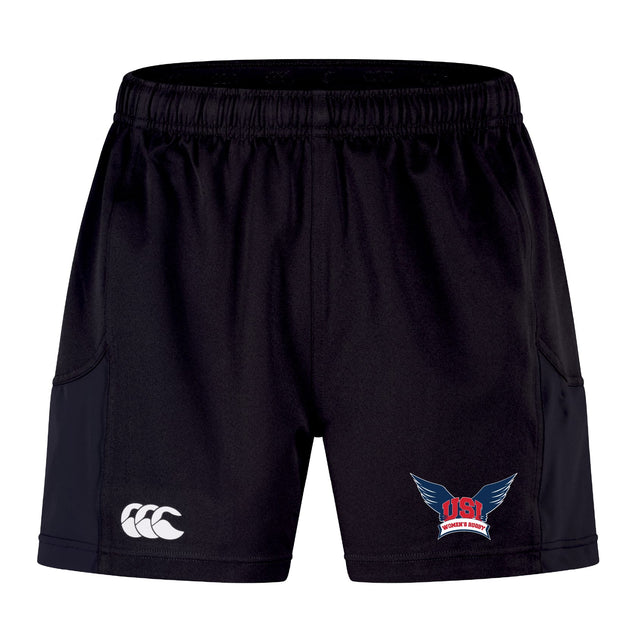 The University of Southern Indiana Women Advantage Short 2.0 by EMB Canterbury features an elastic waistband, white Canterbury logo on the left leg, and a USI logo on the right—ideal sustainable shorts for performance training.