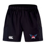 The University of Southern Indiana Women Advantage Short 2.0 by EMB Canterbury features an elastic waistband, white Canterbury logo on the left leg, and a USI logo on the right—ideal sustainable shorts for performance training.
