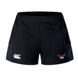 The EMB Canterbury University of Southern Indiana Women’s Advantage Short 2.0 features a white Canterbury logo on the left leg, a winged "USA" badge on the right, and is crafted with recycled content for peak performance during training.