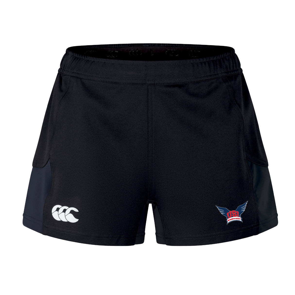 The EMB Canterbury University of Southern Indiana Women’s Advantage Short 2.0 features a white Canterbury logo on the left leg, a winged "USA" badge on the right, and is crafted with recycled content for peak performance during training.