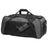 The EMB Canterbury University of Southern Indiana Women Holdall Duffle Bag features black and gray colors, a shoulder strap, two handles, zippered compartments, and an embroidered side logo—ideal for carrying all your rugby gear.