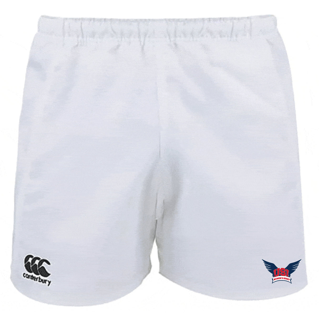 The University of Southern Indiana Women Advantage Rugby Shorts by EMB Canterbury feature an elastic waistband, moisture-wicking fabric, a black Canterbury logo on the left leg, and a winged crest on the right for comfort and performance.
