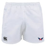 The University of Southern Indiana Women Advantage Rugby Shorts by EMB Canterbury feature an elastic waistband, moisture-wicking fabric, a black Canterbury logo on the left leg, and a winged crest on the right for comfort and performance.