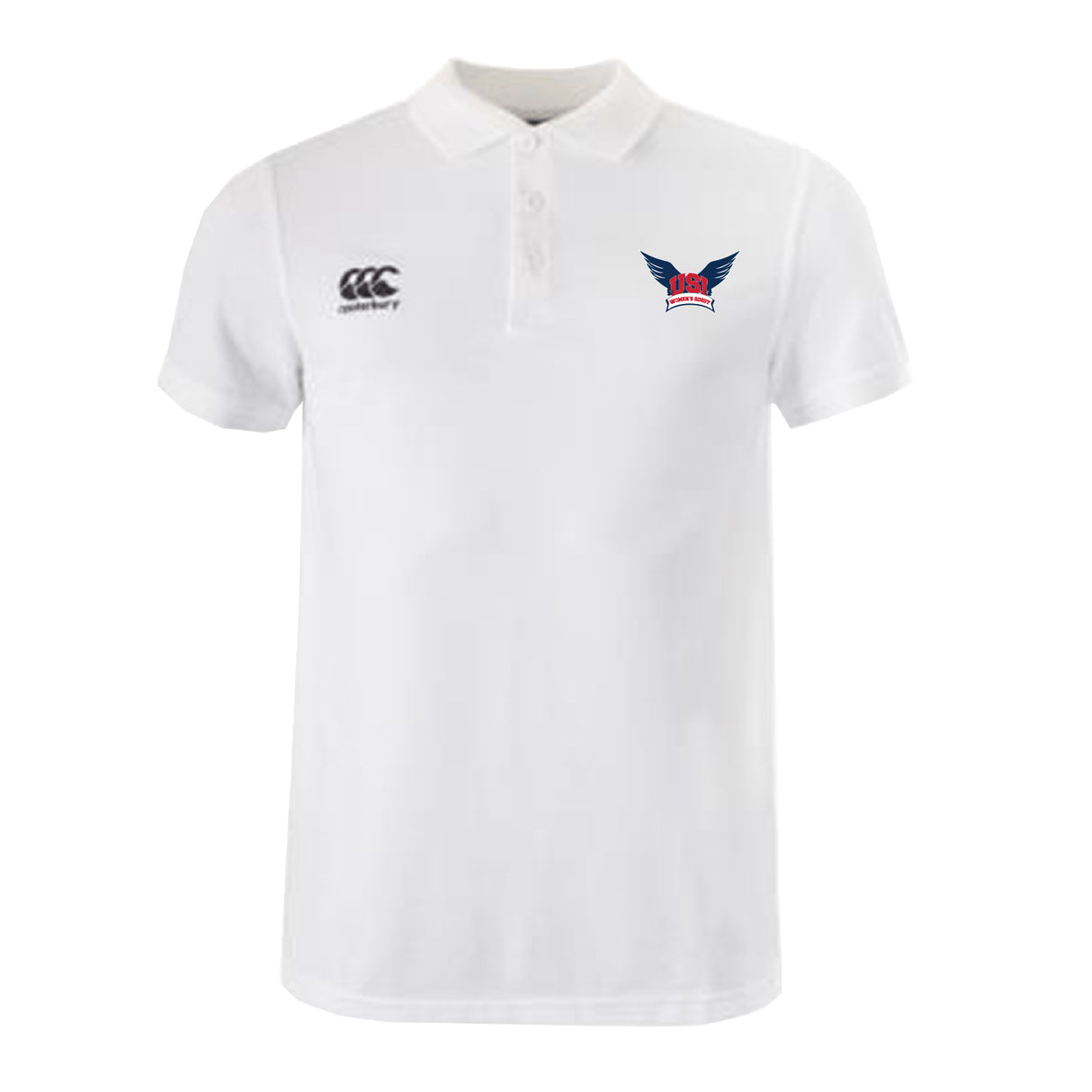 The EMB Canterbury University of Southern Indiana Women Waimak Polo features a small black logo on the right chest and a vibrant blue, red, and white winged emblem on the left.