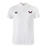 The EMB Canterbury University of Southern Indiana Women Waimak Polo features a small black logo on the right chest and a vibrant blue, red, and white winged emblem on the left.