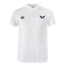 The EMB Canterbury University of Southern Indiana Women Waimak Polo features a small black logo on the right chest and a vibrant blue, red, and white winged emblem on the left.