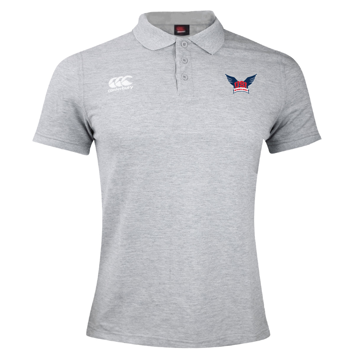 Light grey University of Southern Indiana Women Waimak Polo by EMB Canterbury featuring short sleeves, a collar with three buttons, a white Canterbury logo on the right chest, and a winged "USA" emblem on the left chest.