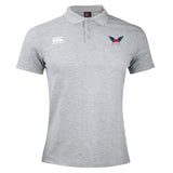 Light grey University of Southern Indiana Women Waimak Polo by EMB Canterbury featuring short sleeves, a collar with three buttons, a white Canterbury logo on the right chest, and a winged "USA" emblem on the left chest.