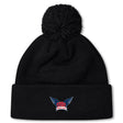 The EMB Canterbury University of Southern Indiana Women Pom Pom Beanie features a black knit design, a top pom-pom, and an embroidered USI wings logo on the front cuff.