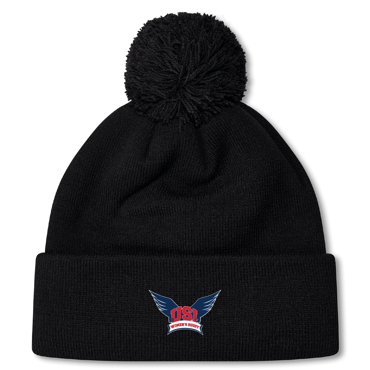 The EMB Canterbury University of Southern Indiana Women Pom Pom Beanie features a black knit design, a top pom-pom, and an embroidered USI wings logo on the front cuff.