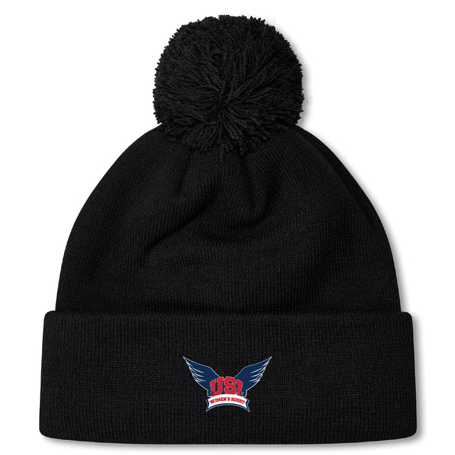 The EMB Canterbury University of Southern Indiana Women Pom Pom Beanie features a black knit design, a top pom-pom, and an embroidered USI wings logo on the front cuff.