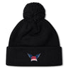 The EMB Canterbury University of Southern Indiana Women Pom Pom Beanie features a black knit design, a top pom-pom, and an embroidered USI wings logo on the front cuff.