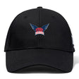 The University of Southern Indiana Women Flexfit Drill Cap by Canterbury, from EMB Canterbury, is a black curved-brim hat featuring the USI Women's Rugby logo with blue wings and red text on the front and a subtle CCC logo on the side.